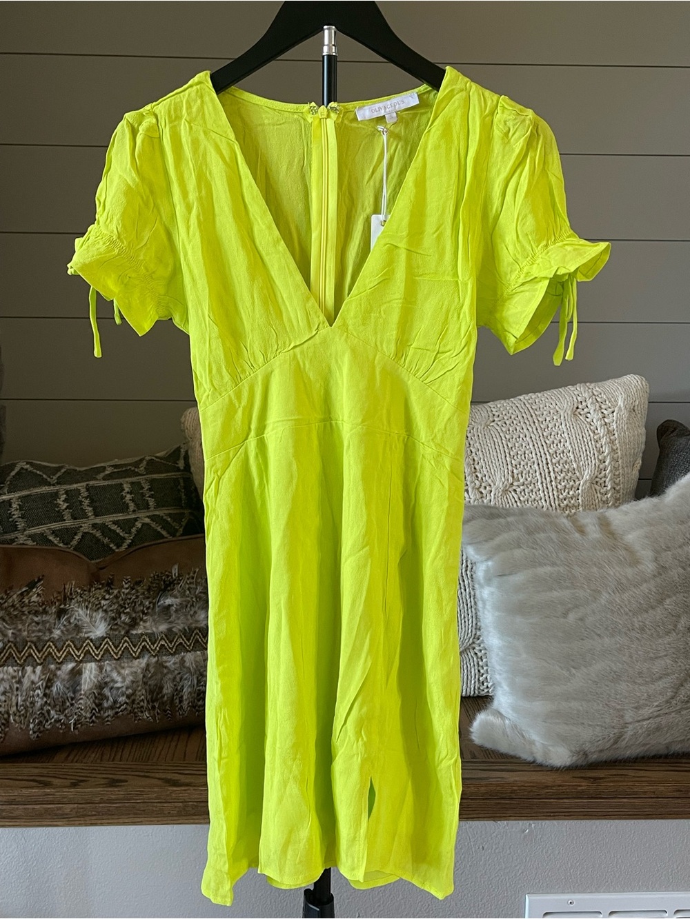 Olivaceous Neon Yellow Mini Dress NWT Small Puff Sleeve V-Neck Linen Blend